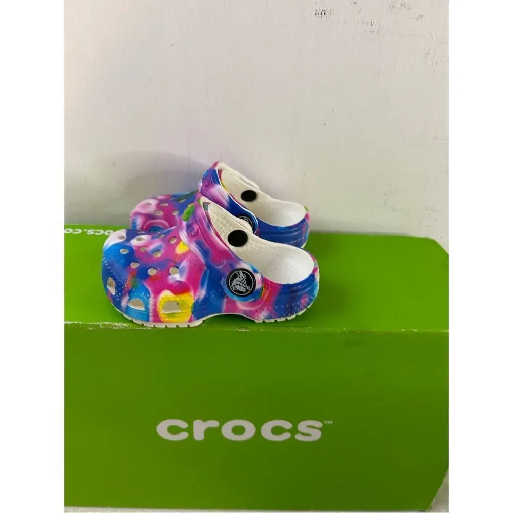 Crocs size 4 infant toddlers tie‎ dye pink blue colors excellent